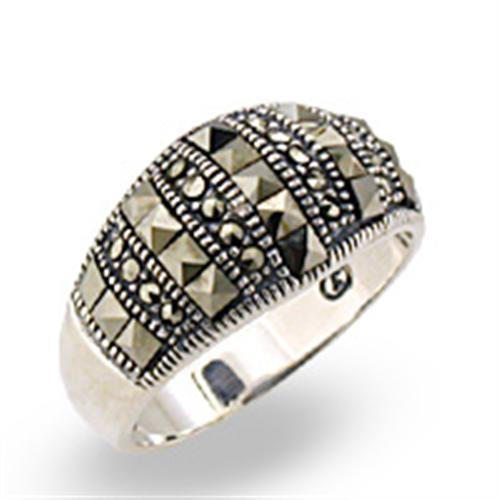 JCE306 Antique Tone 925 Sterling Silver Ring with Semi-Precious Marcasite in Jet