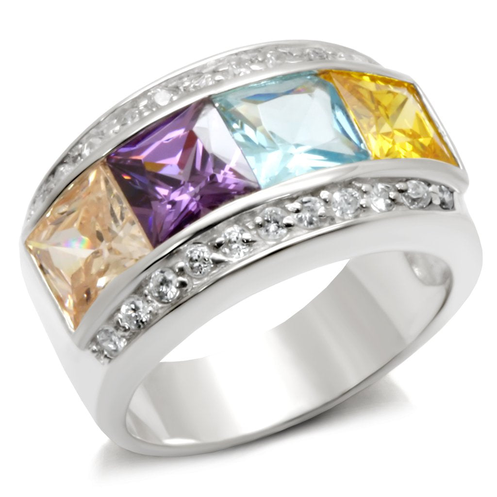 JCE919 High-Polished 925 Sterling Silver Ring with AAA Grade CZ in Multi Color