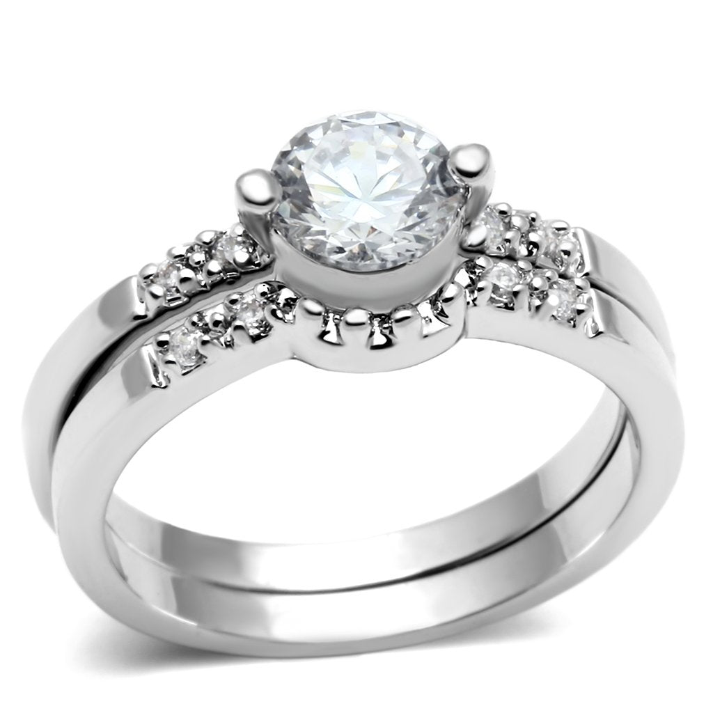 JCE044 Rhodium Brass Ring with AAA Grade CZ in Clear