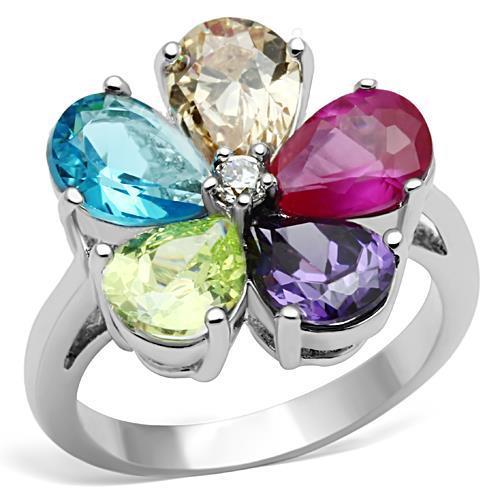 JCE045 Rhodium Brass Ring with AAA Grade CZ in Multi Color