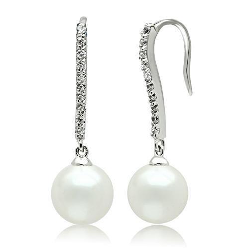 JCE086 Rhodium Brass Earrings with Synthetic Pearl in White