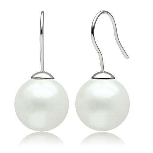 JCE087 Rhodium Brass Earrings with Synthetic Pearl in White