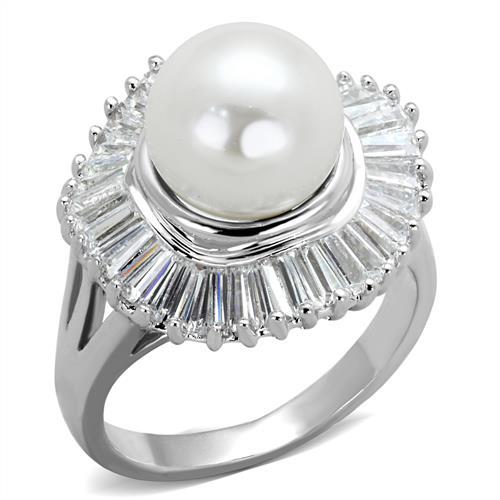 JCE1073 Rhodium Brass Ring with Synthetic Pearl in White
