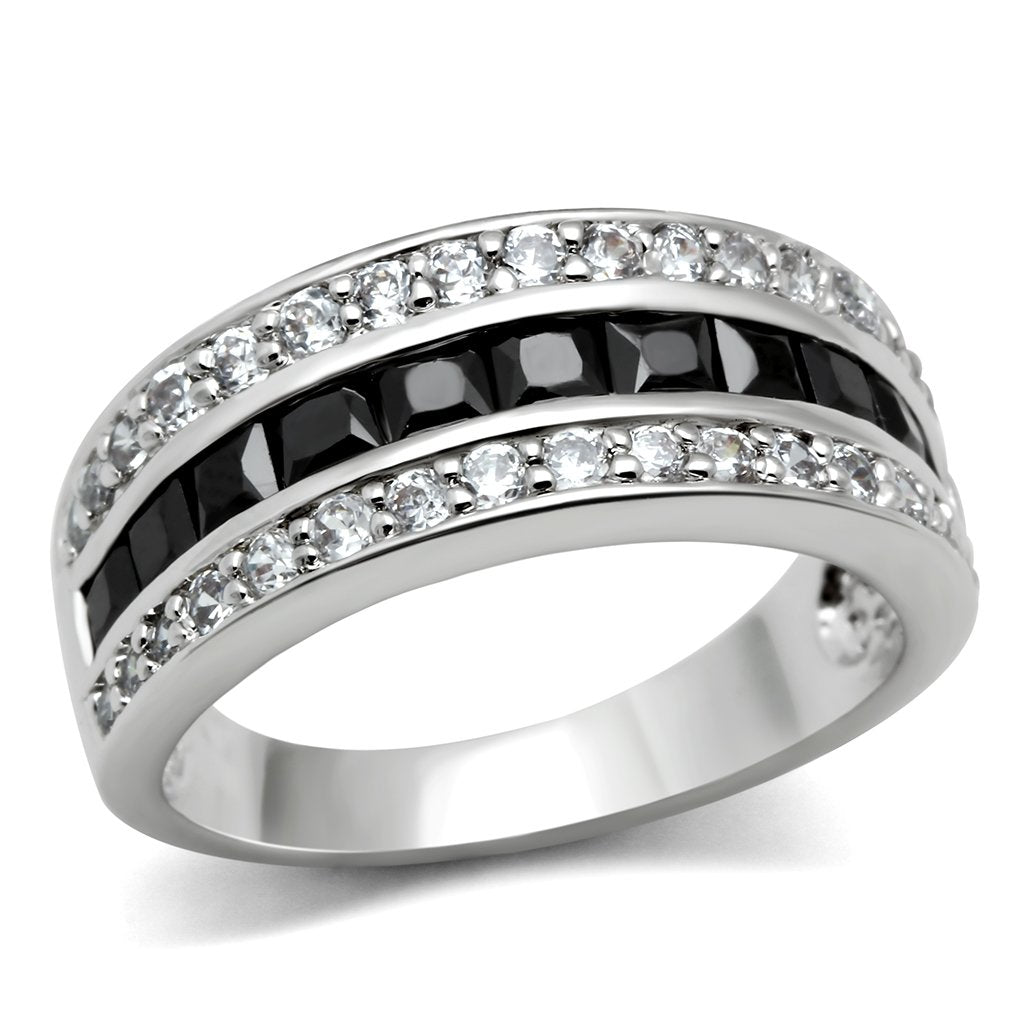 JCE117 Rhodium Brass Ring with AAA Grade CZ in Jet