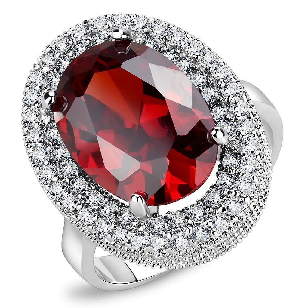 JCE1455 Rhodium Brass Ring with AAA Grade CZ in Garnet