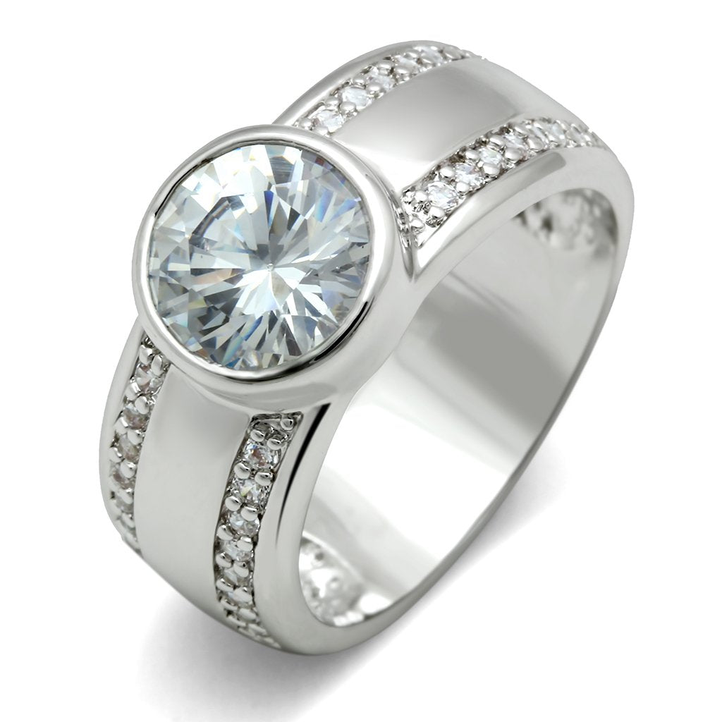 JCE147 Rhodium Brass Ring with AAA Grade CZ in Clear