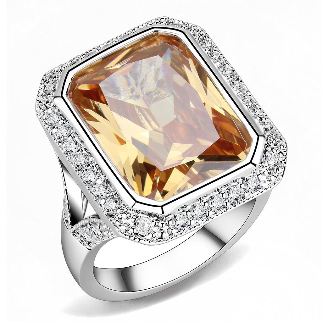 JCE1471 Rhodium Brass Ring with AAA Grade CZ in Champagne