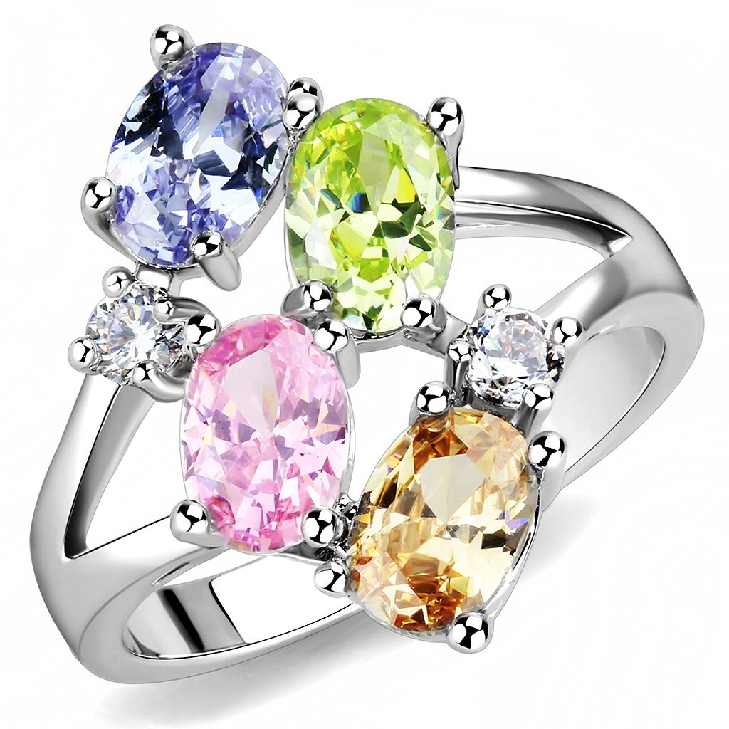 JCE1474 Rhodium Brass Ring with AAA Grade CZ in Multi Color