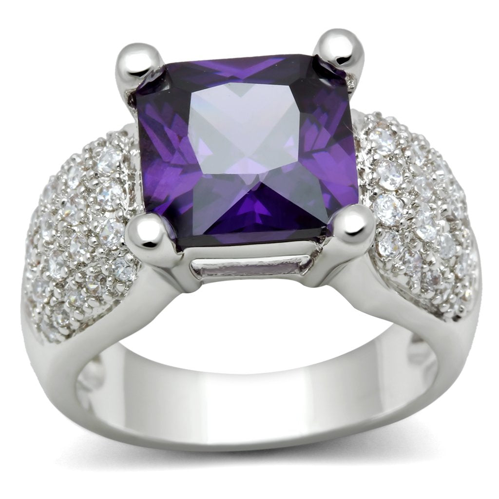 JCE148 Rhodium Brass Ring with AAA Grade CZ in Amethyst