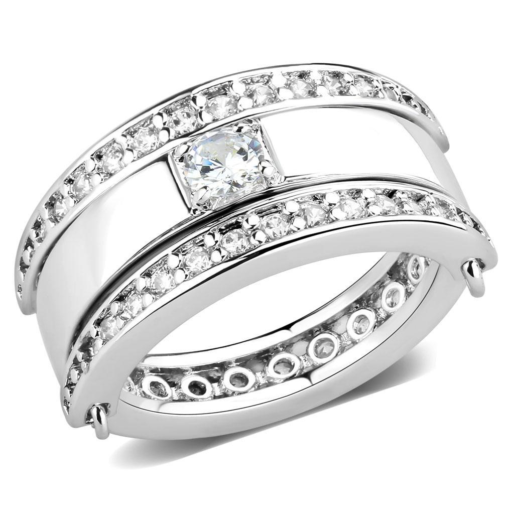 JCE1549 Rhodium Brass Ring with AAA Grade CZ in Clear