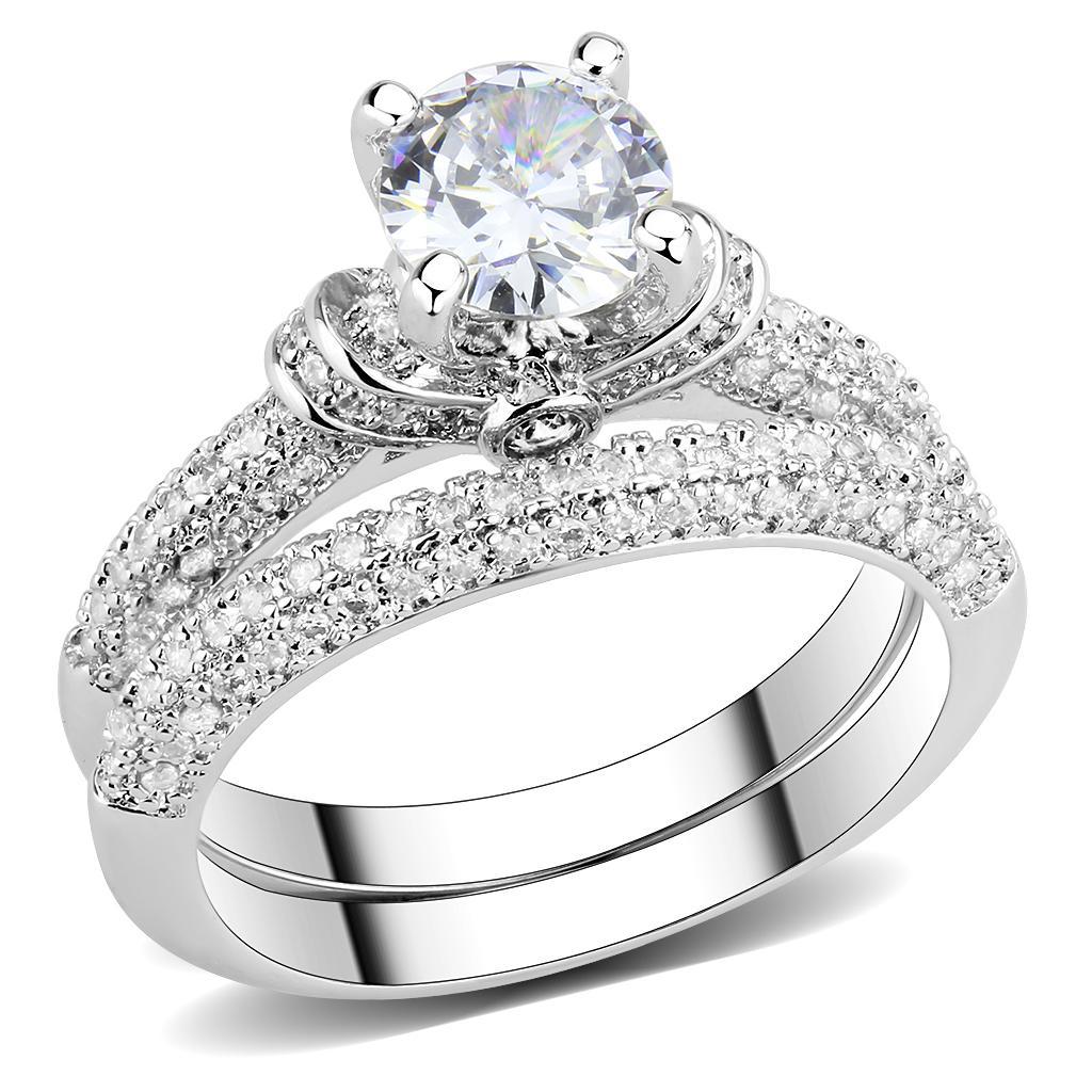 JCE1555 Rhodium Brass Ring with AAA Grade CZ in Clear