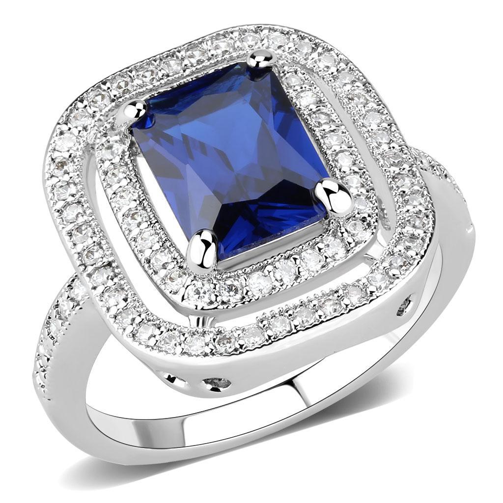 JCE1565 Rhodium Brass Ring with Synthetic Spinel in London Blue