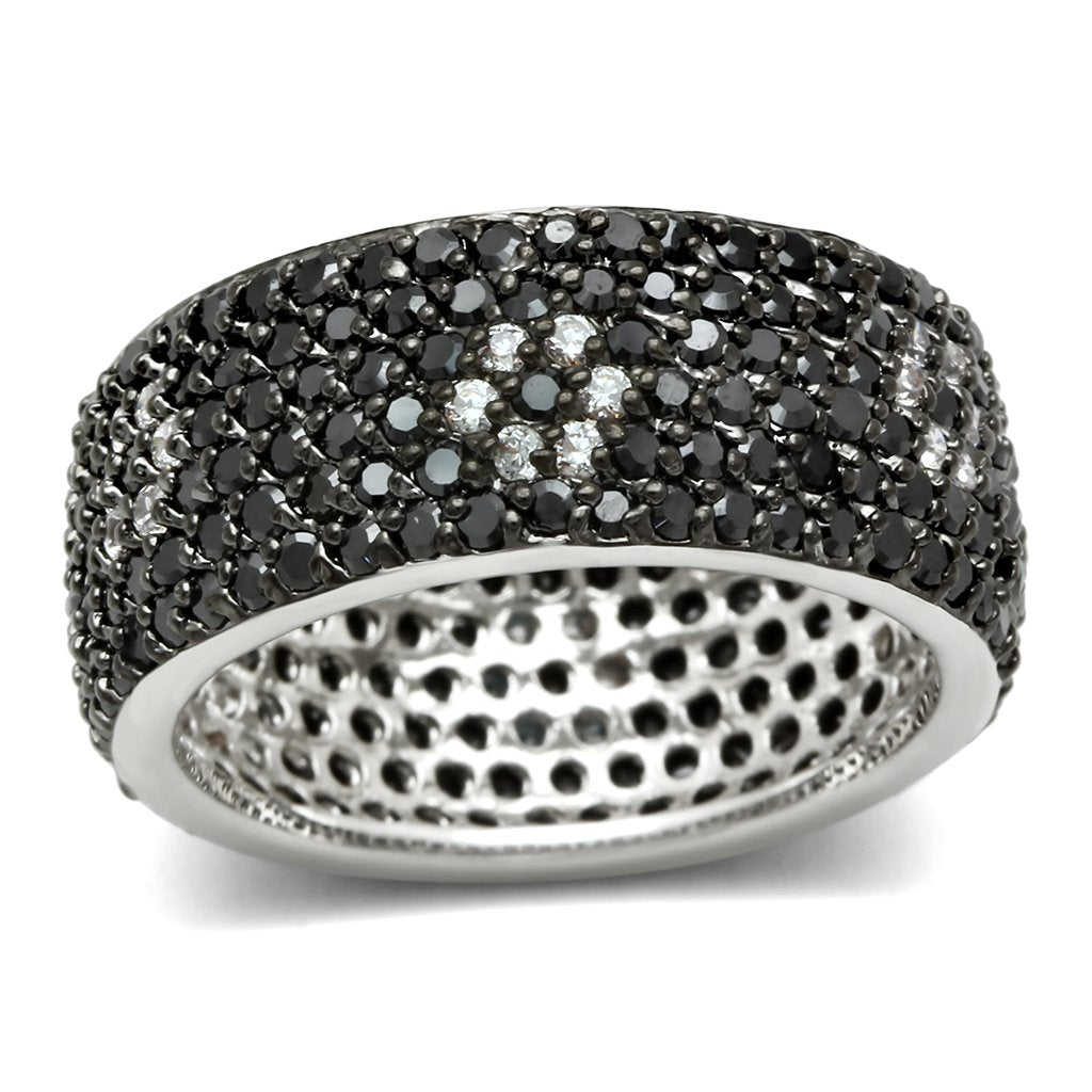 JCE158 Rhodium + Ruthenium Brass Ring with AAA Grade CZ in Jet