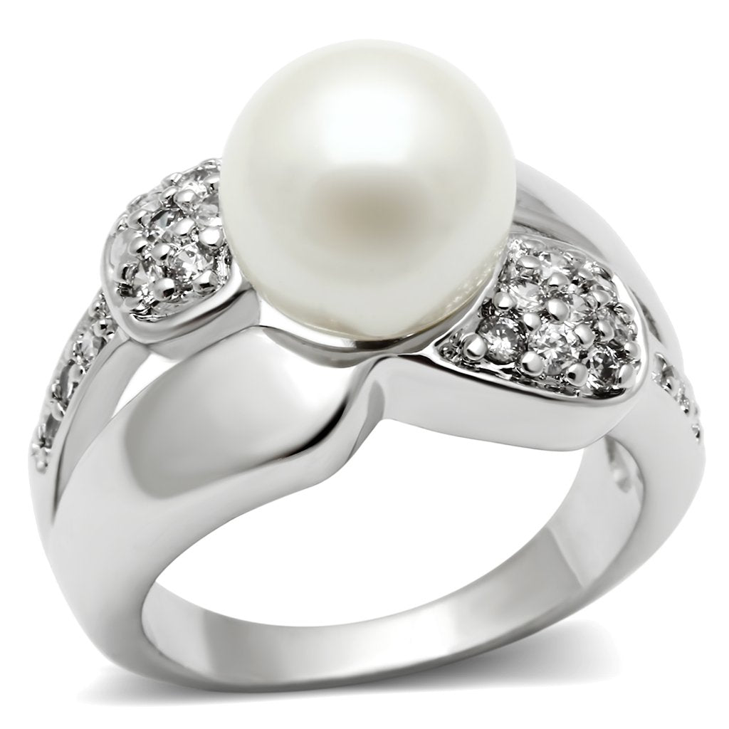 JCE182 Rhodium Brass Ring with Synthetic Pearl in White