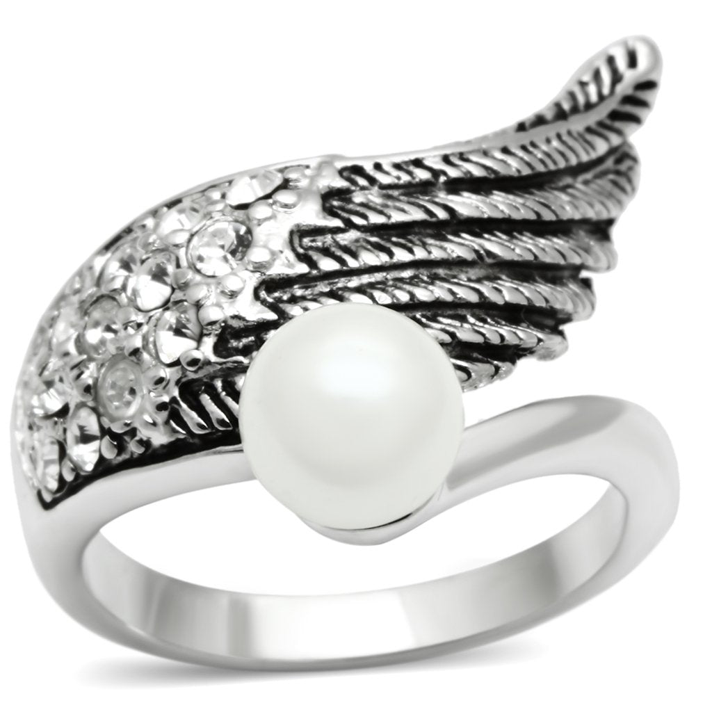 JCE191 Rhodium Brass Ring with Synthetic Pearl in White