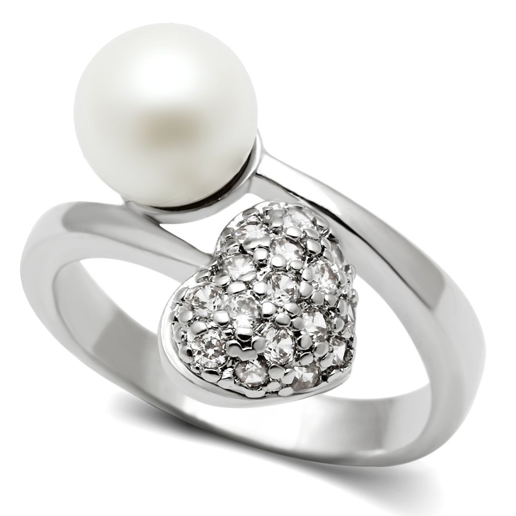 JCE192 Rhodium Brass Ring with Synthetic Pearl in White