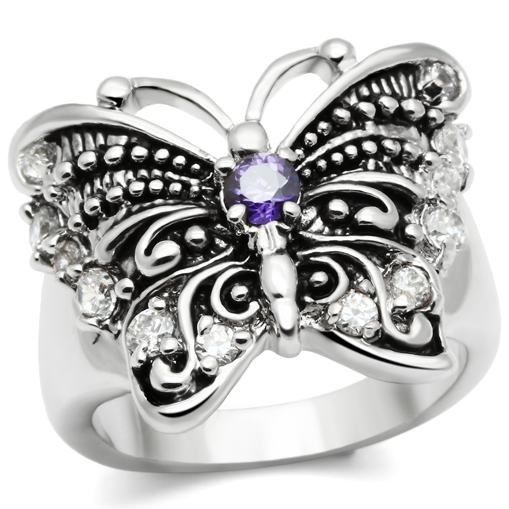 JCE204 Rhodium Brass Ring with AAA Grade CZ in Amethyst