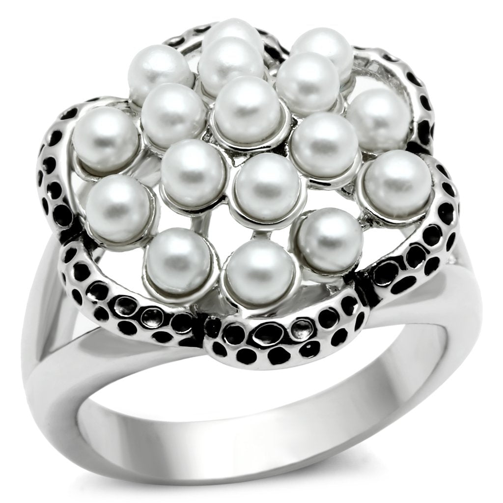 JCE232 Rhodium Brass Ring with Synthetic Pearl in White