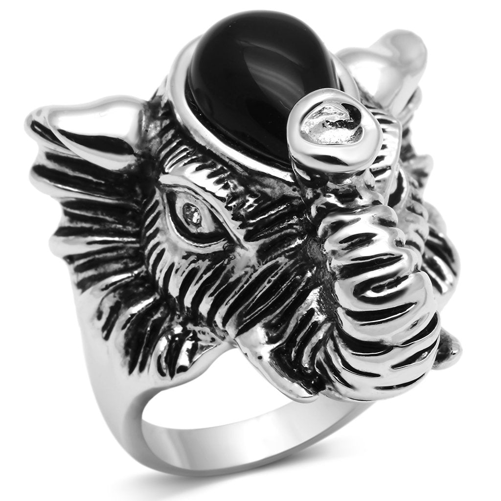 JCE241 Rhodium Brass Ring with Synthetic Onyx in Jet