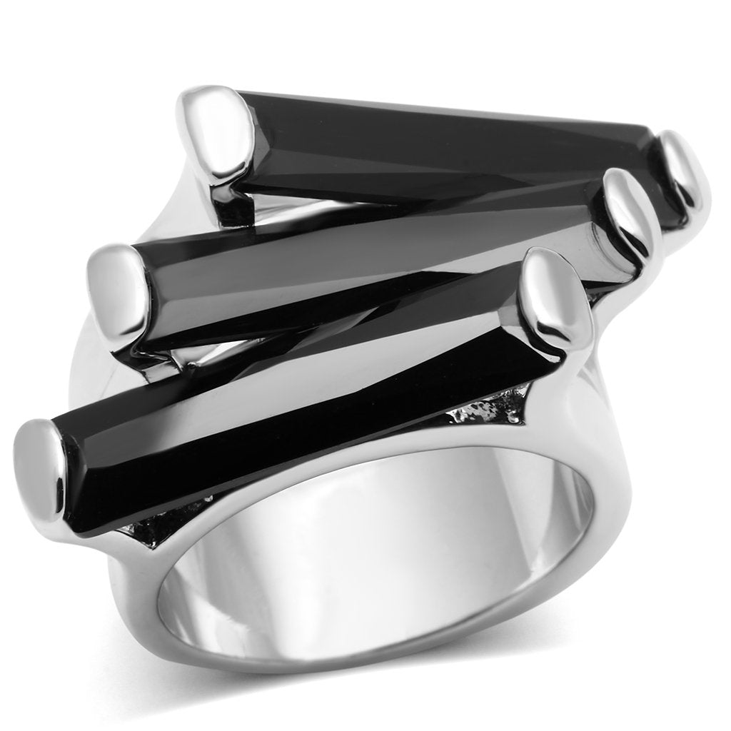 JCE247 Rhodium Brass Ring with AAA Grade CZ  in Black Diamond