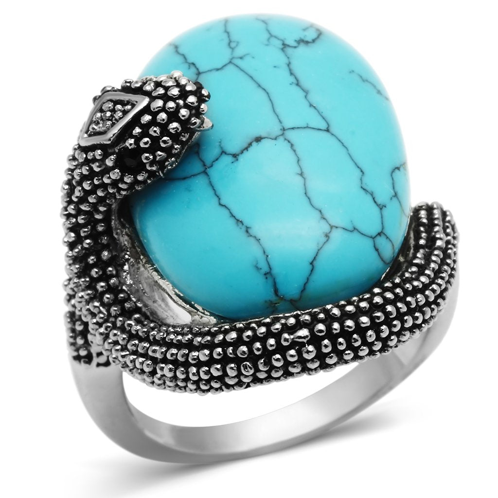 JCE255 Rhodium Brass Ring with Synthetic Turquoise in Sea Blue