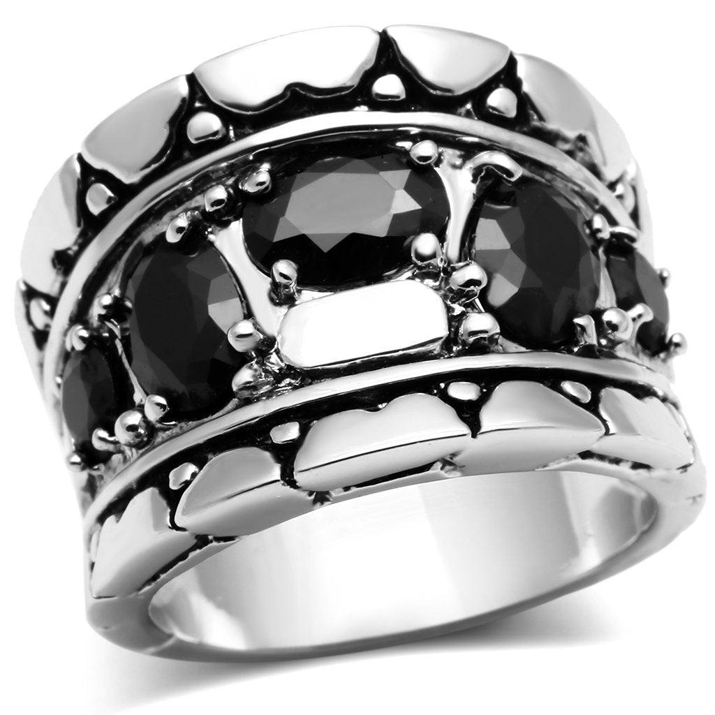 JCE262 Rhodium Brass Ring with AAA Grade CZ  in Black Diamond