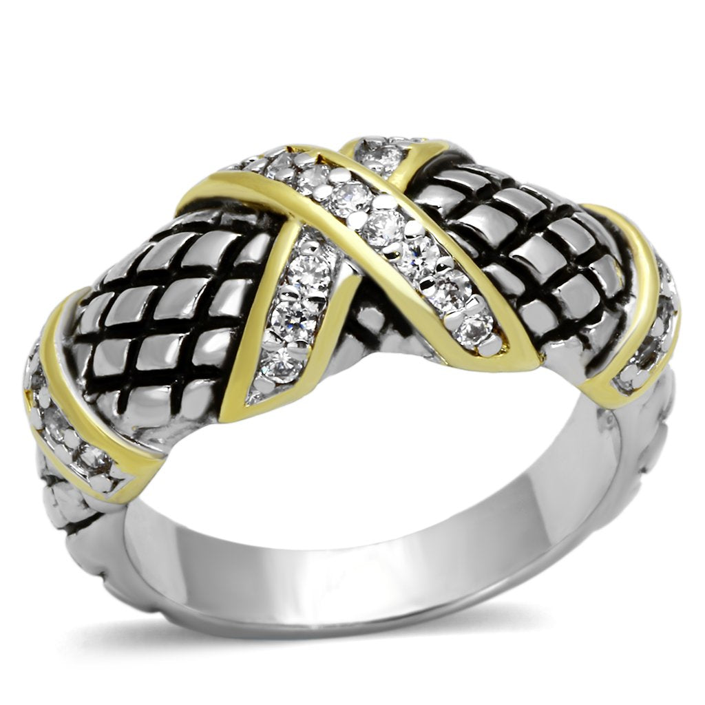 JCE314 Reverse Two-Tone Brass Ring with AAA Grade CZ in Clear