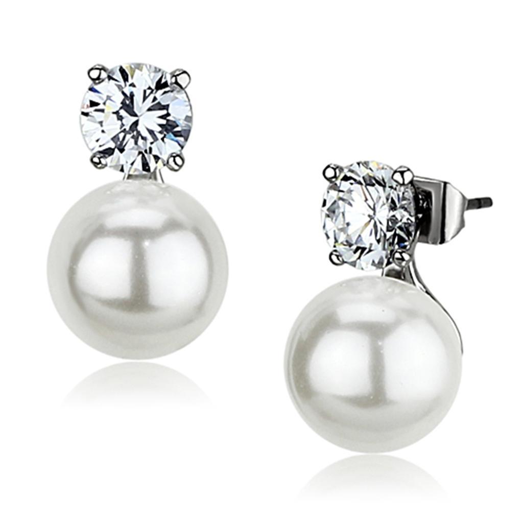 JCE348 Rhodium Brass Earrings with Synthetic Pearl in White