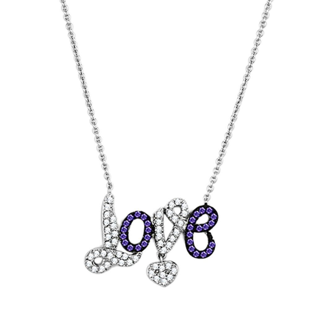 JCE414 Rhodium + Ruthenium Brass Necklace with AAA Grade CZ in Amethyst