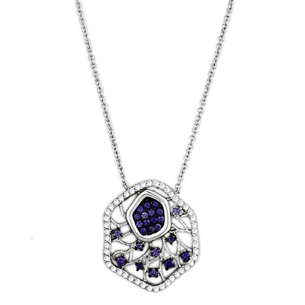 JCE438 Rhodium + Ruthenium Brass Necklace with AAA Grade CZ in Amethyst