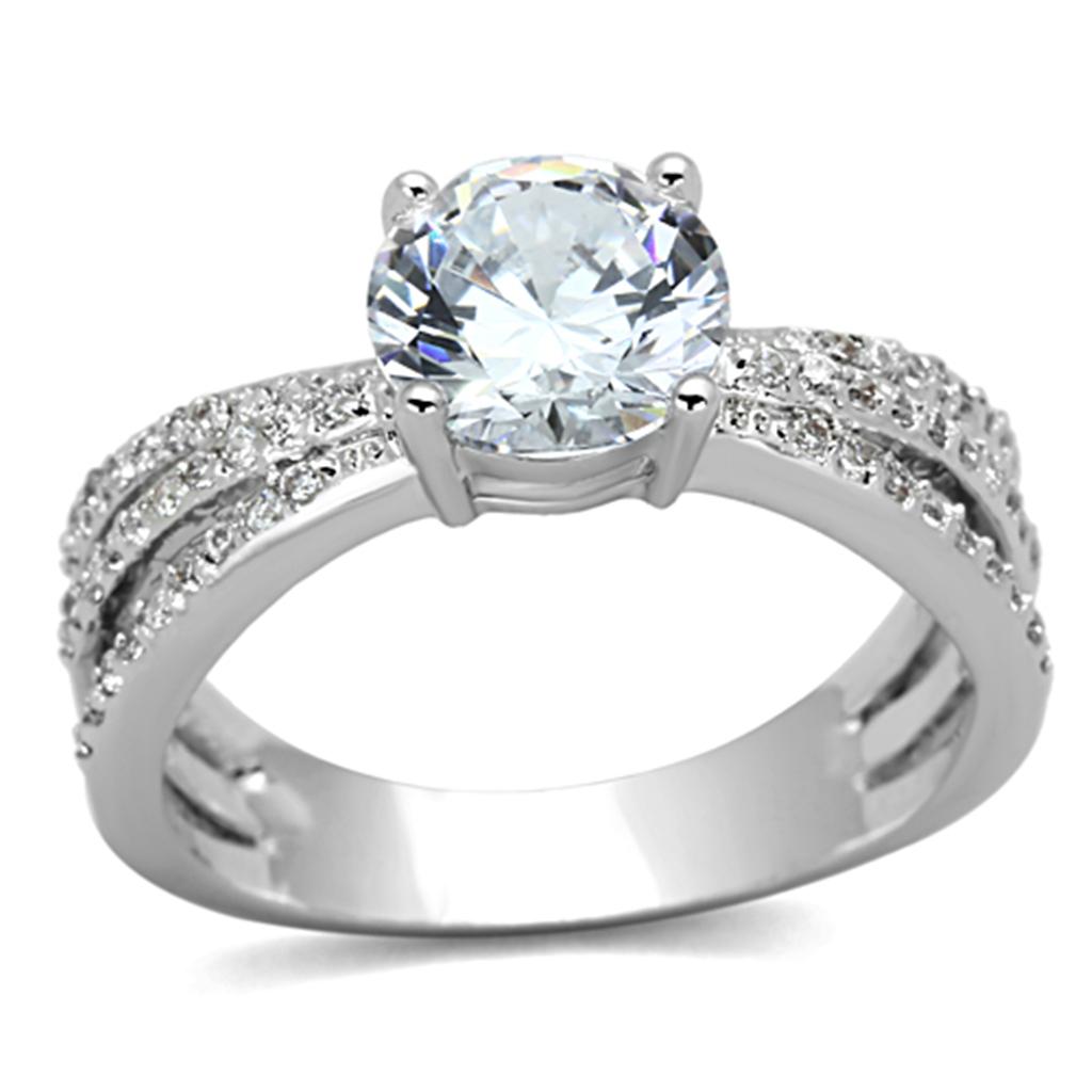 JCE478 Rhodium Brass Ring with AAA Grade CZ  in Clear