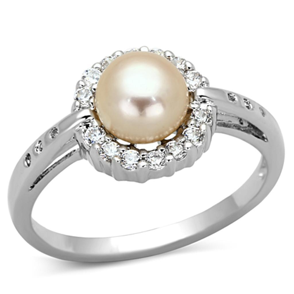JCE487 Rhodium Brass Ring with Synthetic Pearl in White