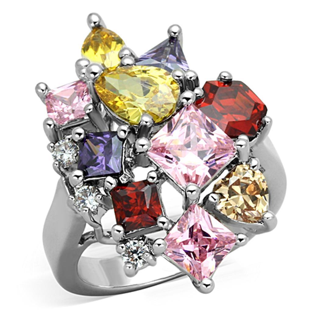 JCE599 Rhodium Brass Ring with AAA Grade CZ  in Multi Color