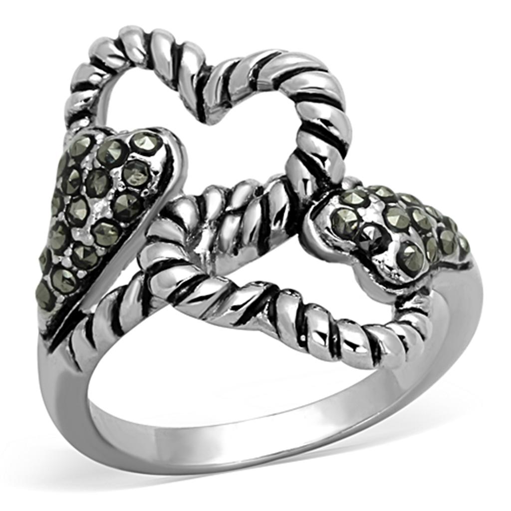 JCE608 Rhodium Brass Ring with Synthetic Marcasite in Black Diamond