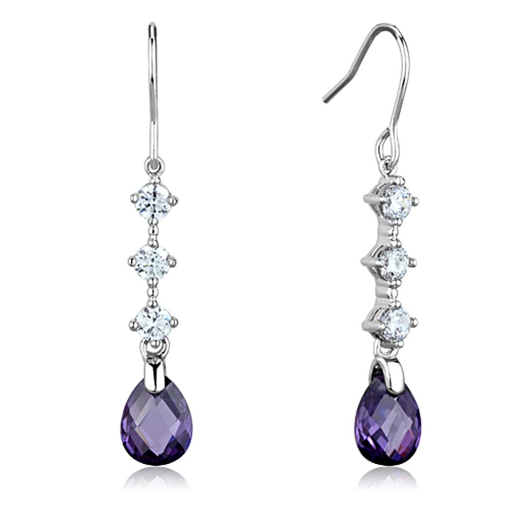 JCE635 Rhodium Brass Earrings with AAA Grade CZ  in Amethyst