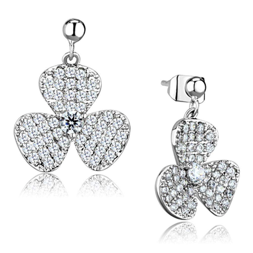 JCE662 Rhodium Brass Earrings with AAA Grade CZ  in Clear