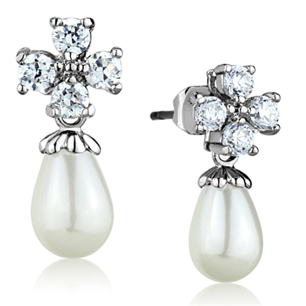 JCE672 Rhodium Brass Earrings with Synthetic Pearl in White