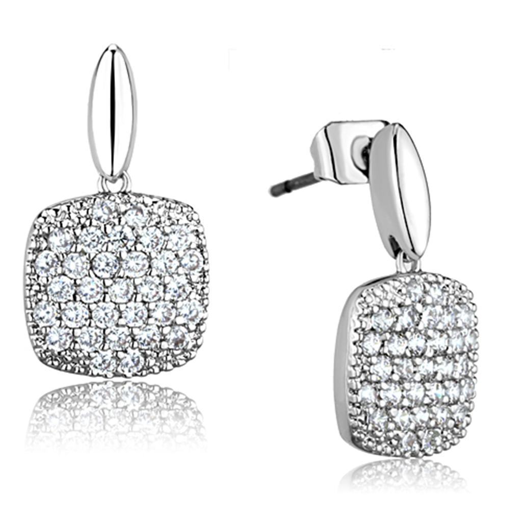 JCE691 Rhodium Brass Earrings with AAA Grade CZ  in Clear