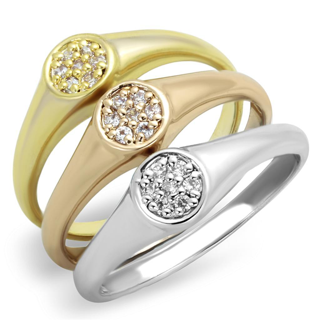 JCE862 Rhodium + Gold + Rose Gold Brass Ring with AAA Grade CZ in Clear