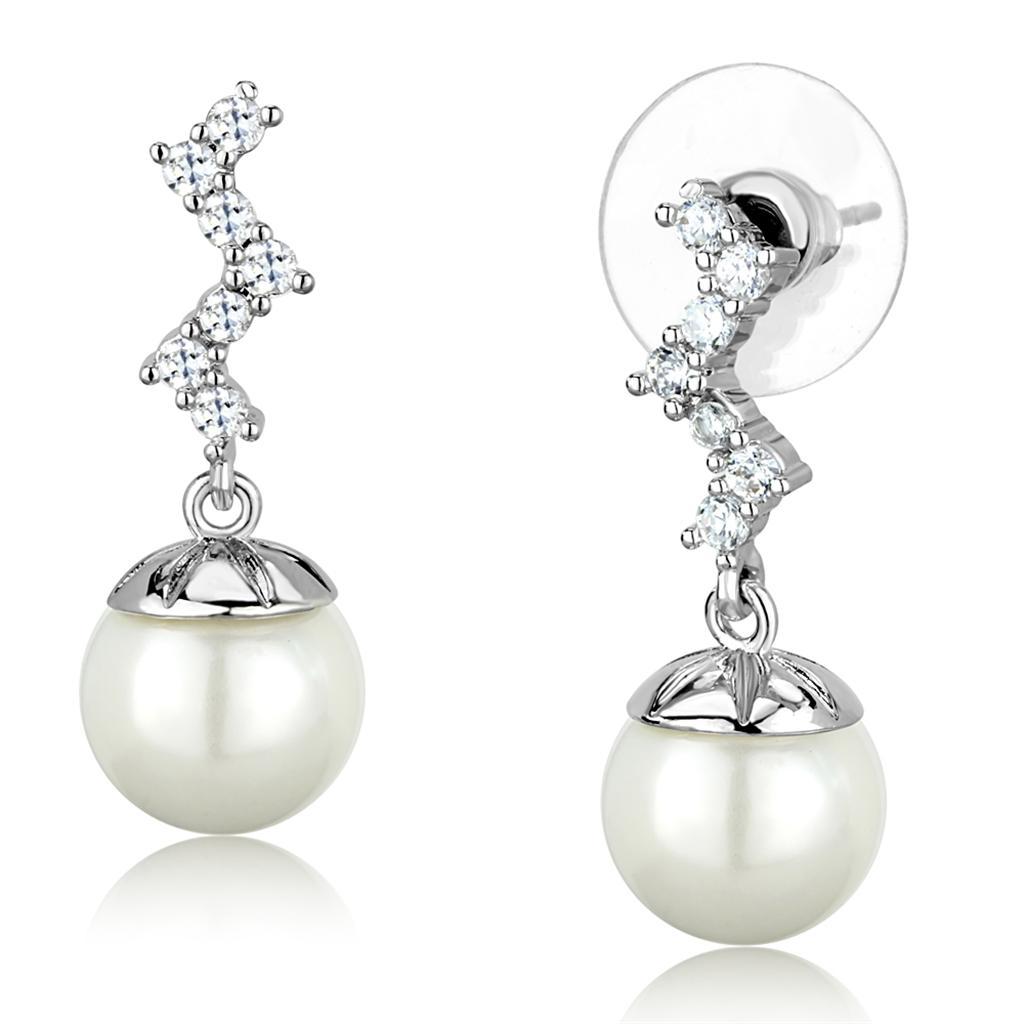 JCE894 Rhodium Brass Earrings with Synthetic Pearl in White