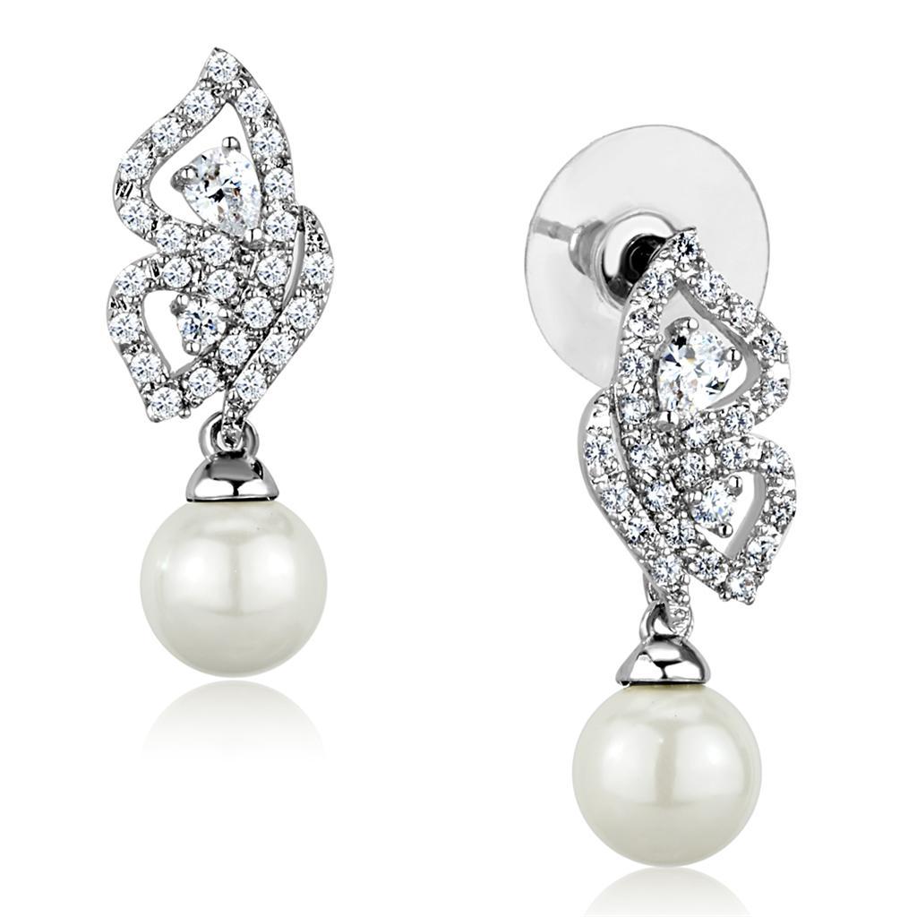 JCE902 Rhodium Brass Earrings with Synthetic Pearl in White