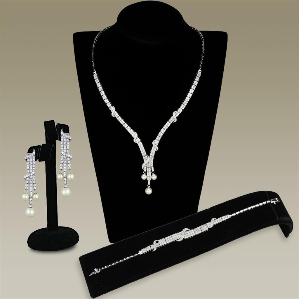 JCE939 Rhodium Brass Jewelry Sets with AAA Grade CZ  in Clear