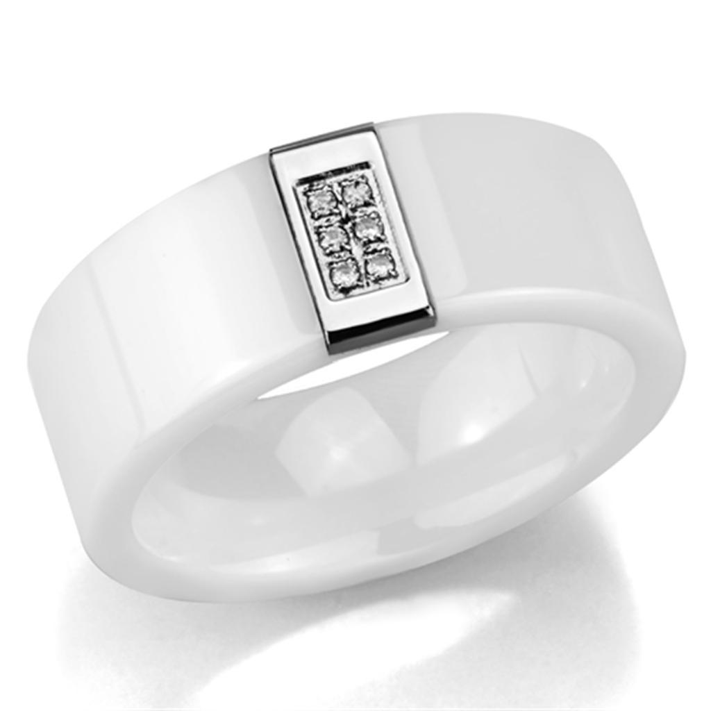 JCE952 High polished (no plating) Stainless Steel Ring with Ceramic in White