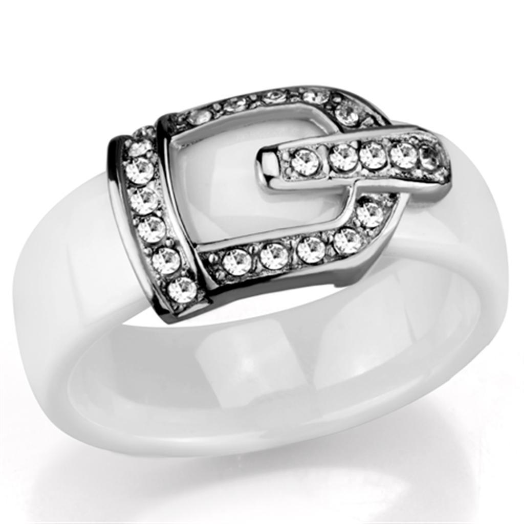 JCE955 High polished (no plating) Stainless Steel Ring with Ceramic in White
