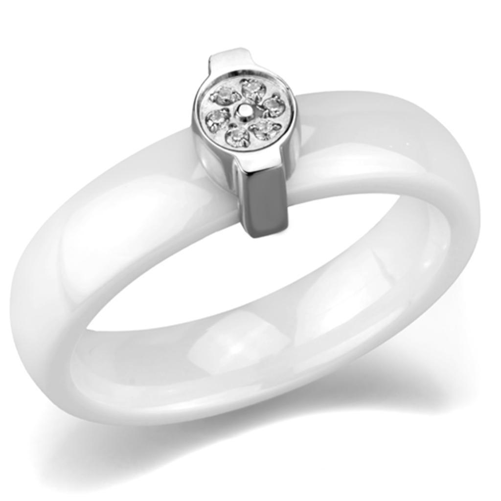 JCE958 High polished (no plating) Stainless Steel Ring with Ceramic in White