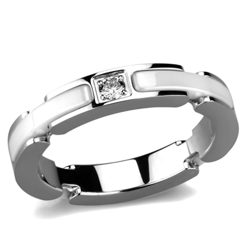 JCE963 High polished (no plating) Stainless Steel Ring with Ceramic in White