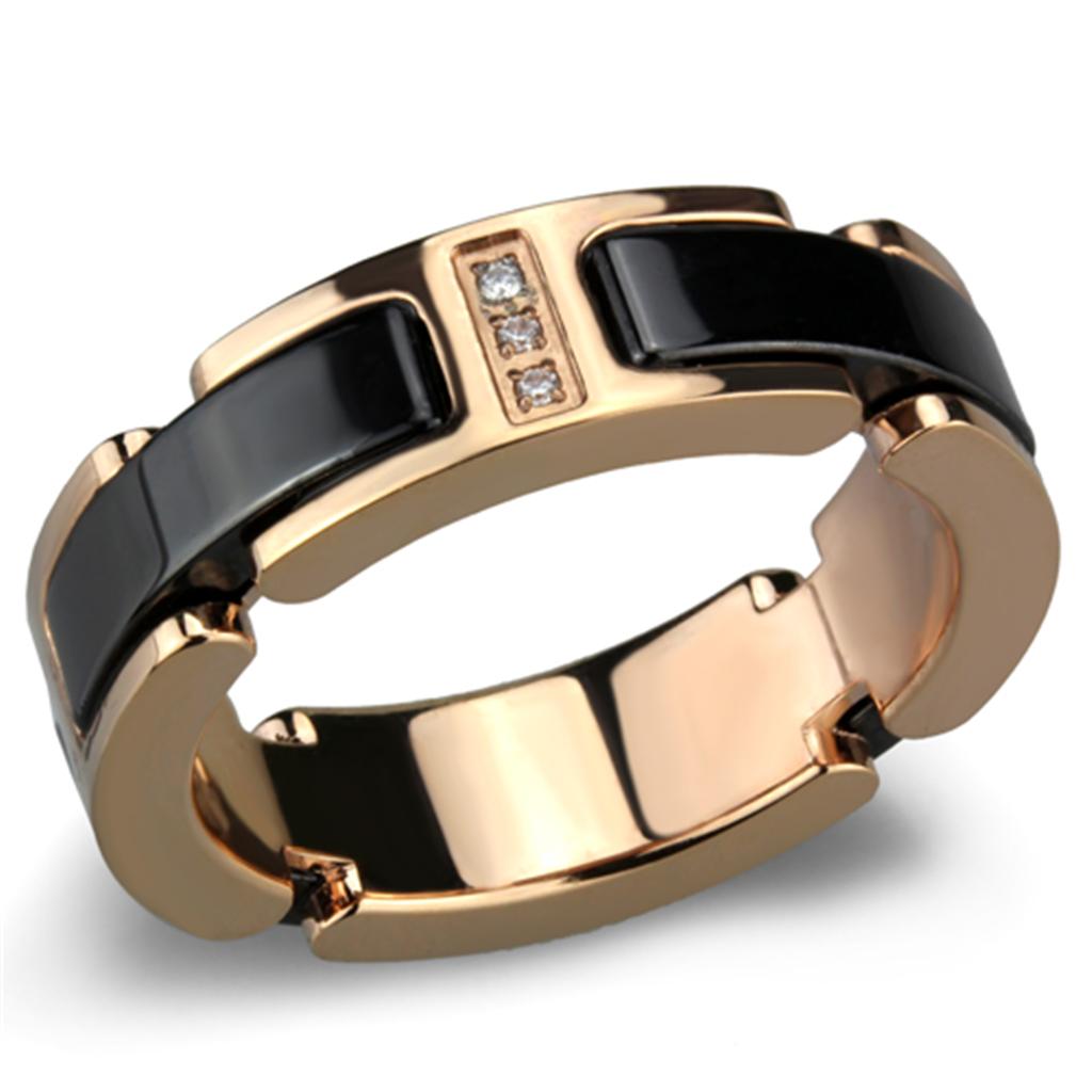JCE964 IP Rose Gold(Ion Plating) Stainless Steel Ring with Ceramic in Jet