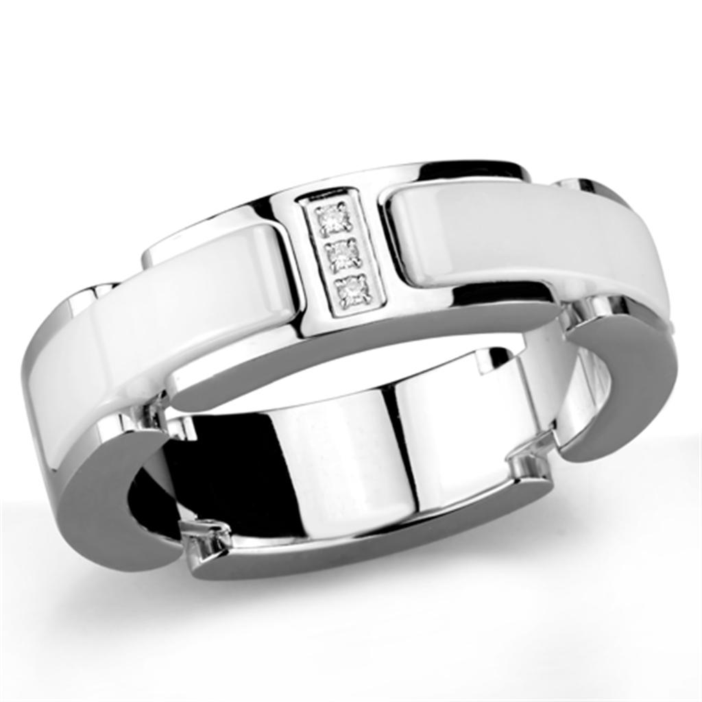 JCE967 High polished (no plating) Stainless Steel Ring with Ceramic in White