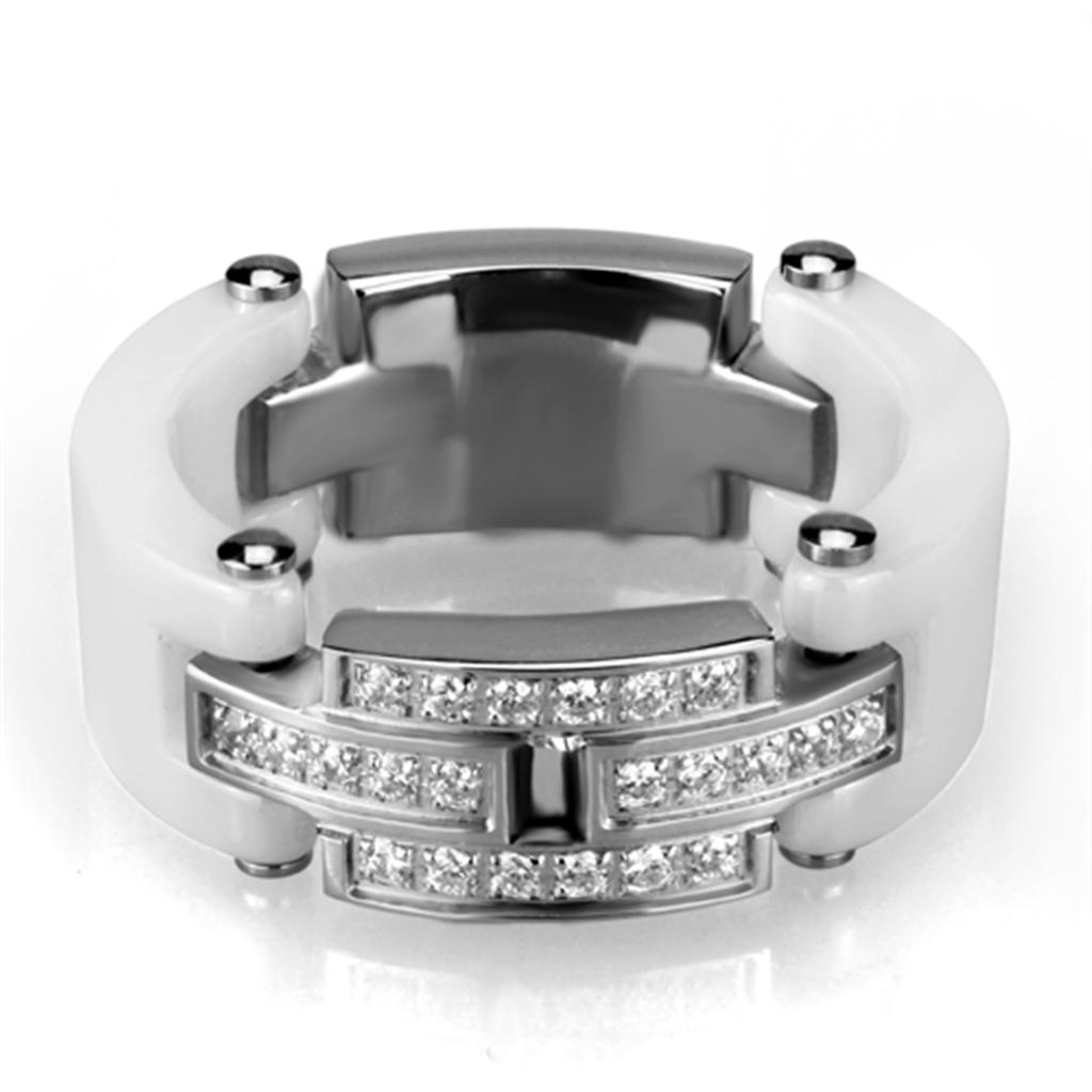 JCE977 High polished (no plating) Stainless Steel Ring with Ceramic in White