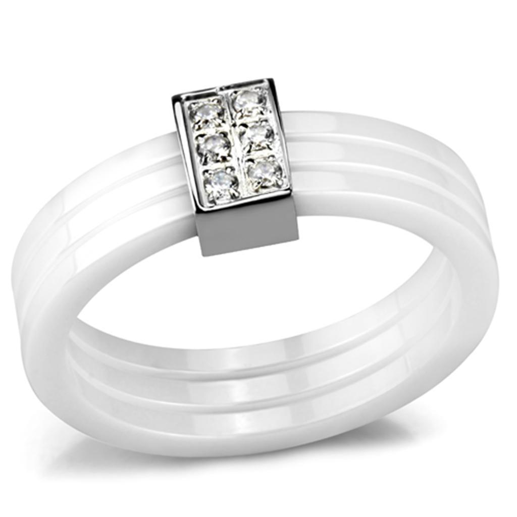 JCE981 High polished (no plating) Stainless Steel Ring with Ceramic in White